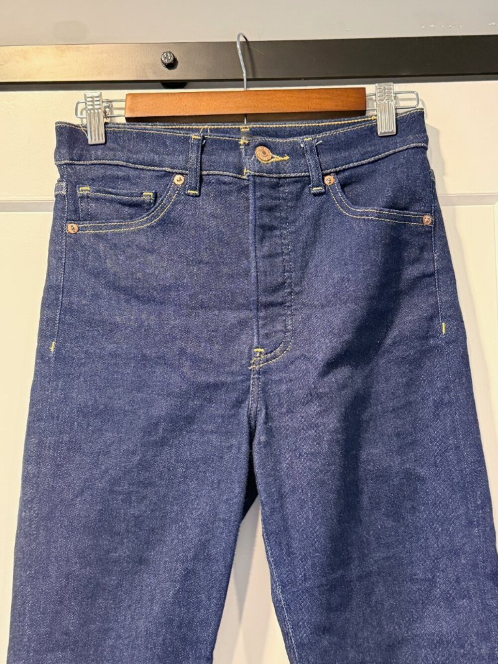 Express Slim Super High Rise Dark Blue Denim Jeans - Picture 2 of 5
